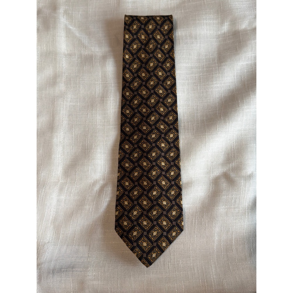 Valentino Cravatte Silk Tie Mens Geometric Diamond Medallion Gold Brown Italy